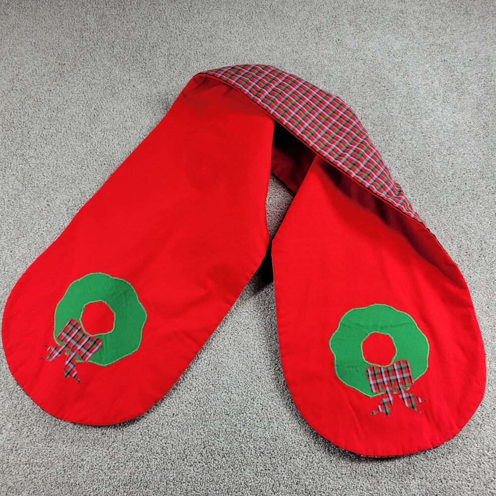 Vintage Handmade Table Runner 57" Long Red Embroidered Christmas Wreath Oval